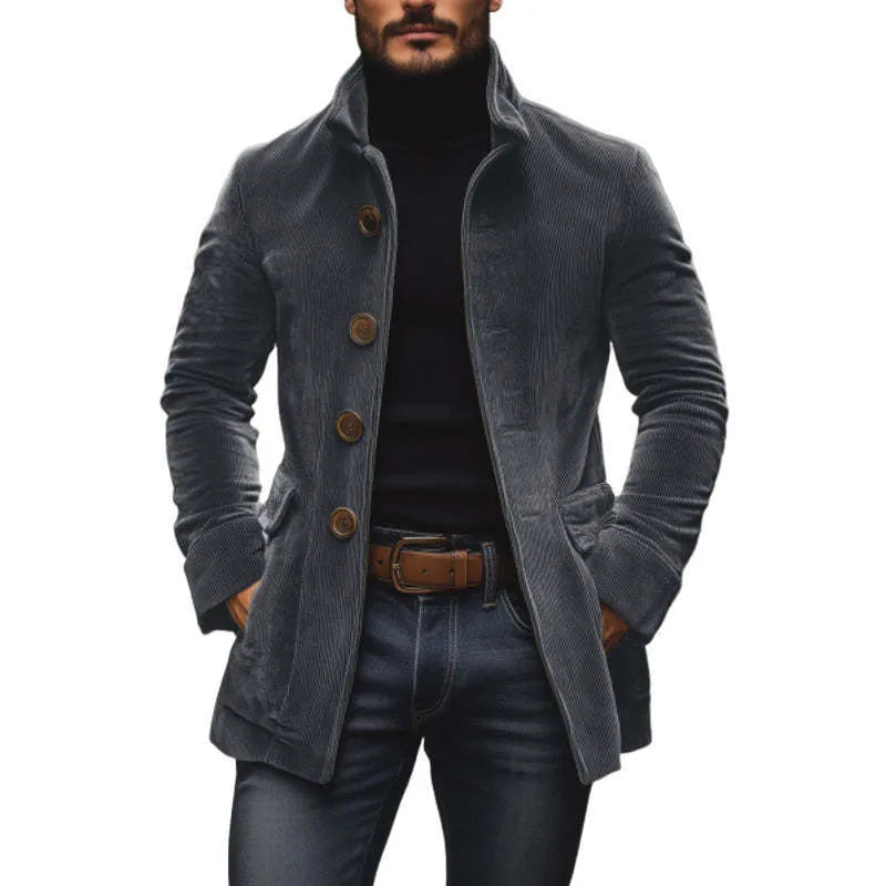 Men's corduroy blazer, slim fit stand collar, button front, solid colour, long sleeve, 50cm length