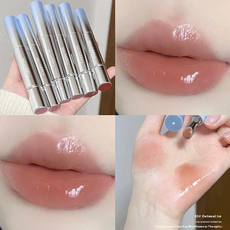Mirror Water Light lipstick in six translucent ice shades on a white background.