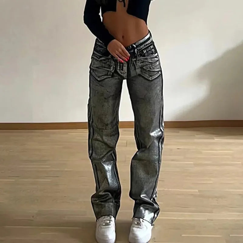 High waist straight leg jeans in washed blue denim with hot silver contrast stitching detail