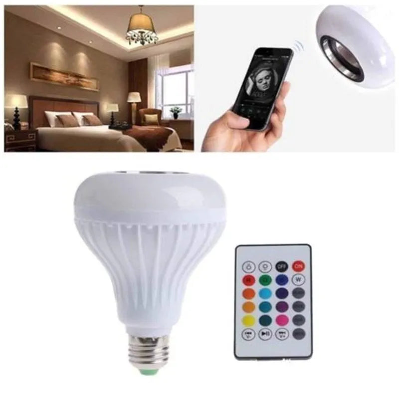White E27 Bluetooth LED bulb with integrated speaker and remote control for 16-colour RGB lighting
