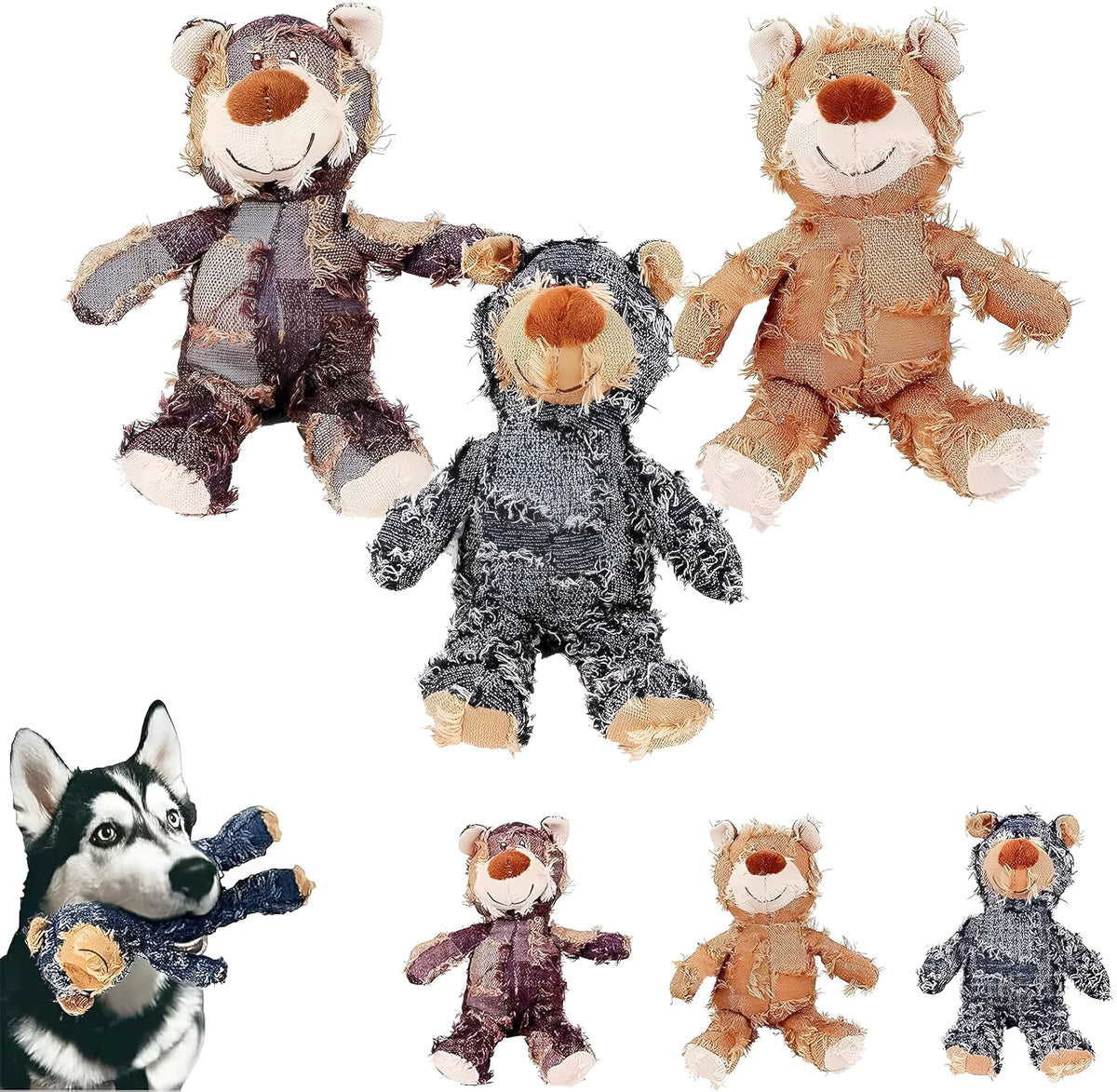 Indestructible robust bear squeaky dog toy for heavy chewers in dark purple denim blue light brown small large sizes