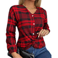 Women's grey plaid loose long sleeve casual shirt on a hanger.