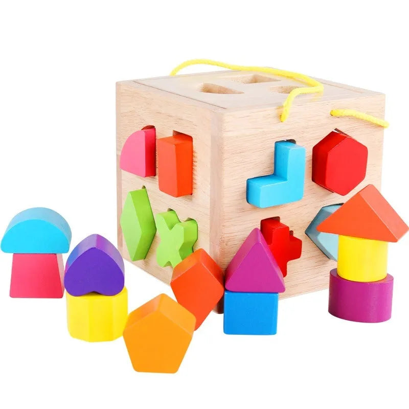Wooden geometric shape matching building blocks set for infants with colourful pegs and intelligence boxes.