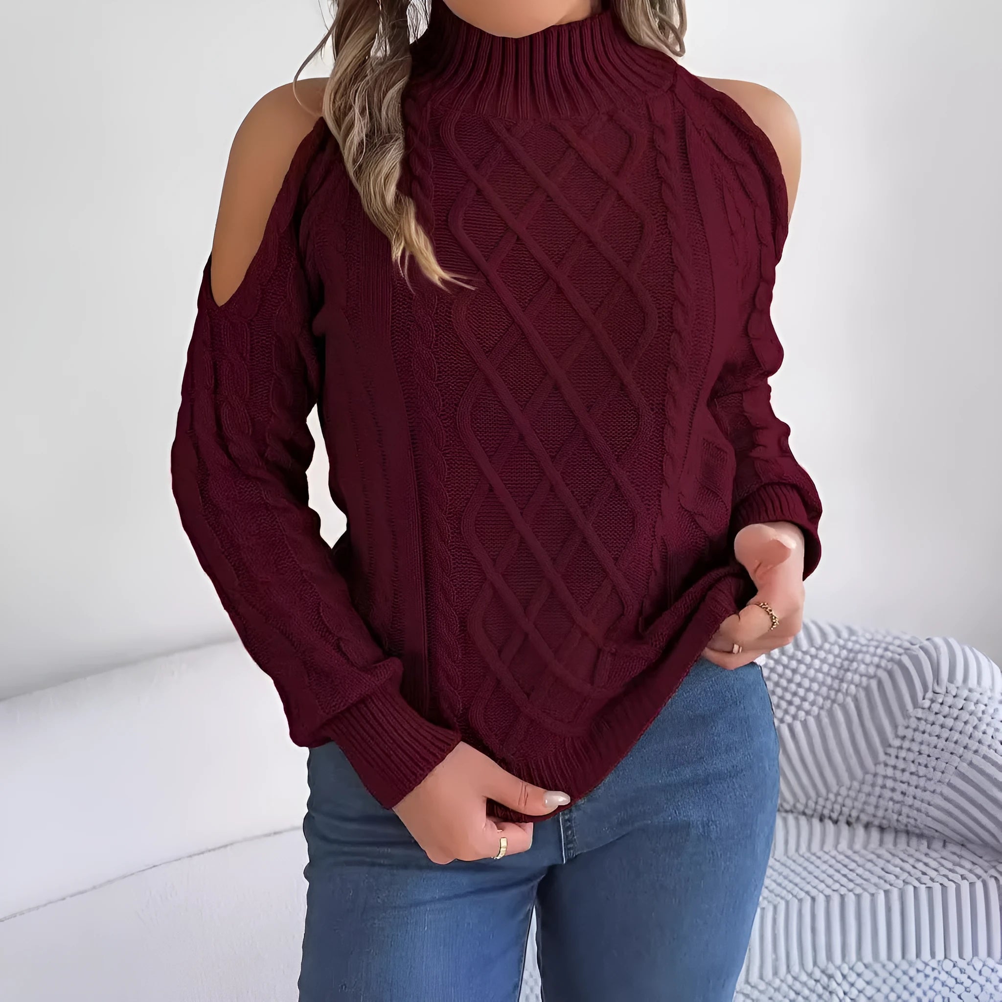 Women's gray acrylic sweater with twist pattern, strapless half-high collar, and lantern sleeves