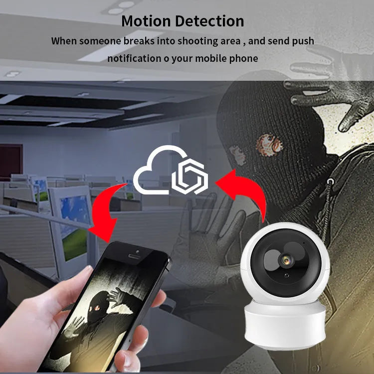Wireless WiFi indoor surveillance camera with 360-degree panorama, night vision, and voice intercom, 135 x 104 x 98mm