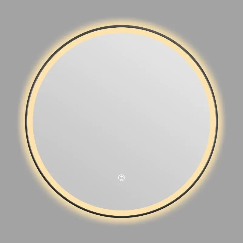 Round black aluminium frame LED bathroom mirror mounted on wall with touch control for light.