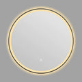Round black aluminium frame LED bathroom mirror mounted on wall with touch control for light.