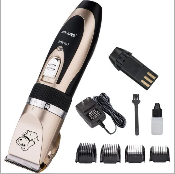 Golden professional cordless pet grooming clipper kit with ceramic titanium blade, four guide combs, nail clippers, and file on a table