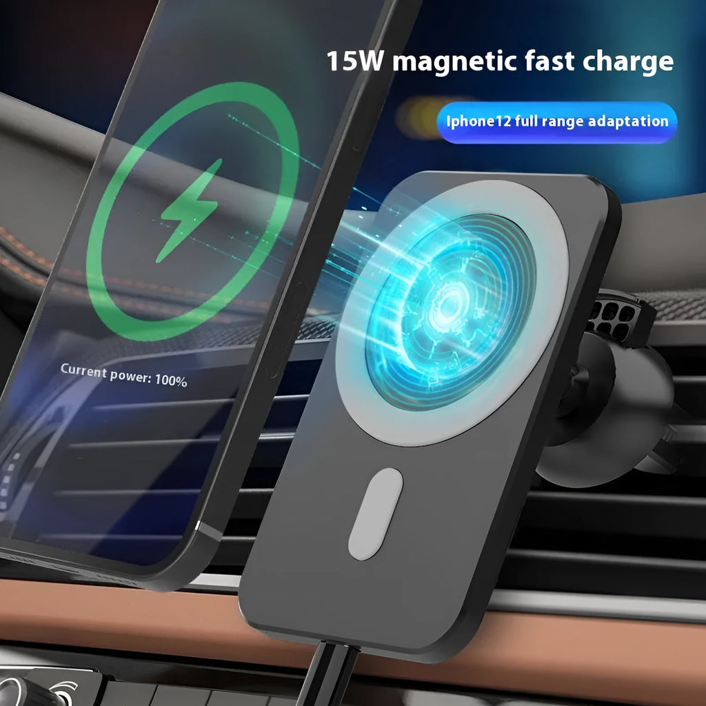 Magnetic car wireless charger mobile phone holder in black X-16 attached to a car vent bracket
