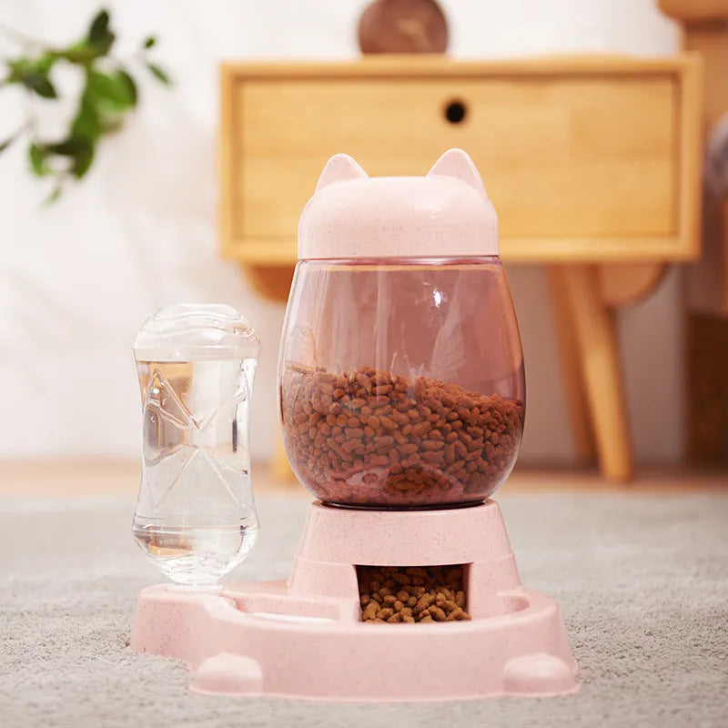 Two-in-one gravity pet feeder and waterer with PET barrel and PP base, 30.5cm total height