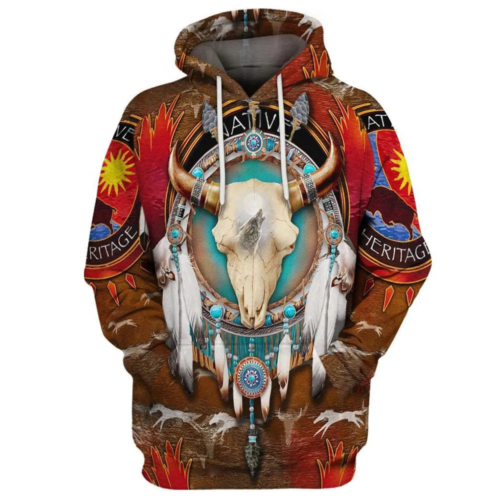 Men's loose fit digital print polyester hoodie with 3D effect pattern, long sleeves, hooded