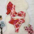Women's pink floral one-shoulder ruffled high-waist bikini swimsuit