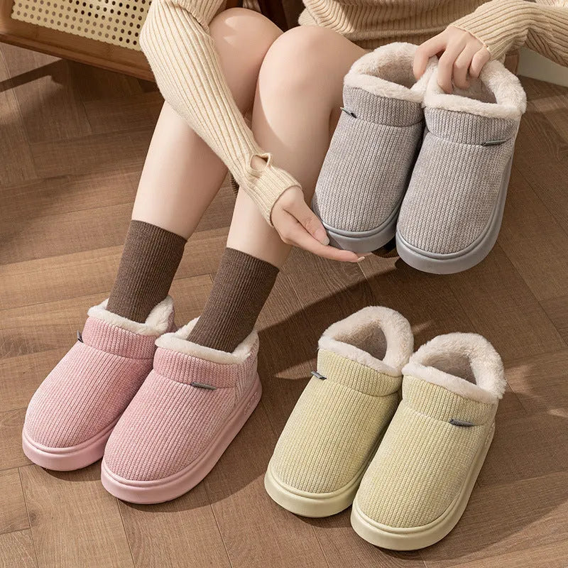 Women's ankle wrap cotton slippers in brown, plush upper, non-slip EVA sole, flat heel, round toe, indoor thermal shoes