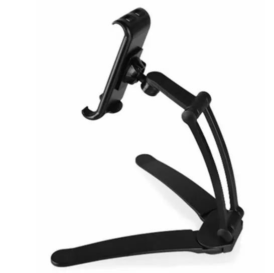 Silver aluminium alloy desktop stand holding a tablet, showing 360-degree rotation and adjustable clamp mechanism.