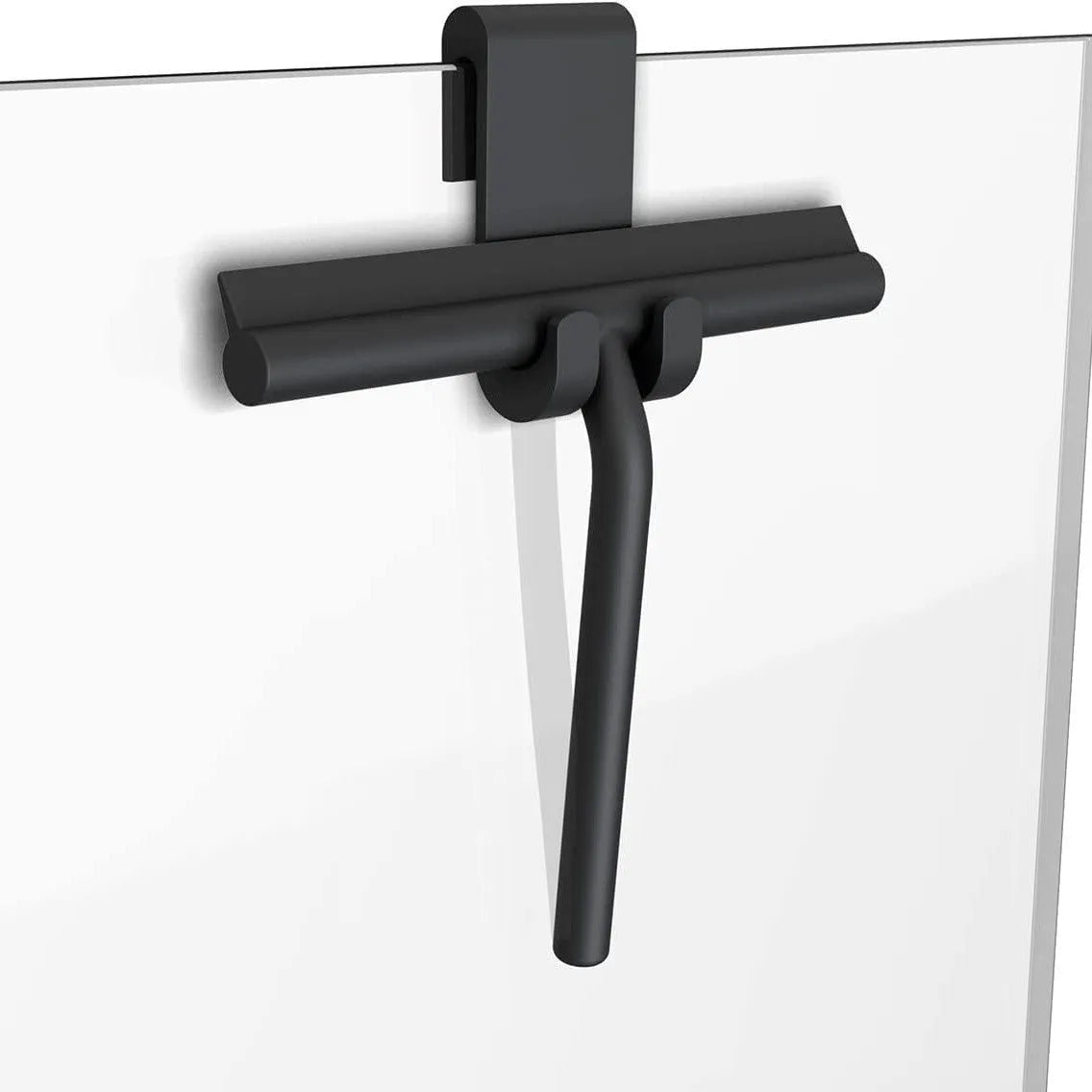 Small silicone water scraper with hook in black for cleaning bathroom tiles and glass