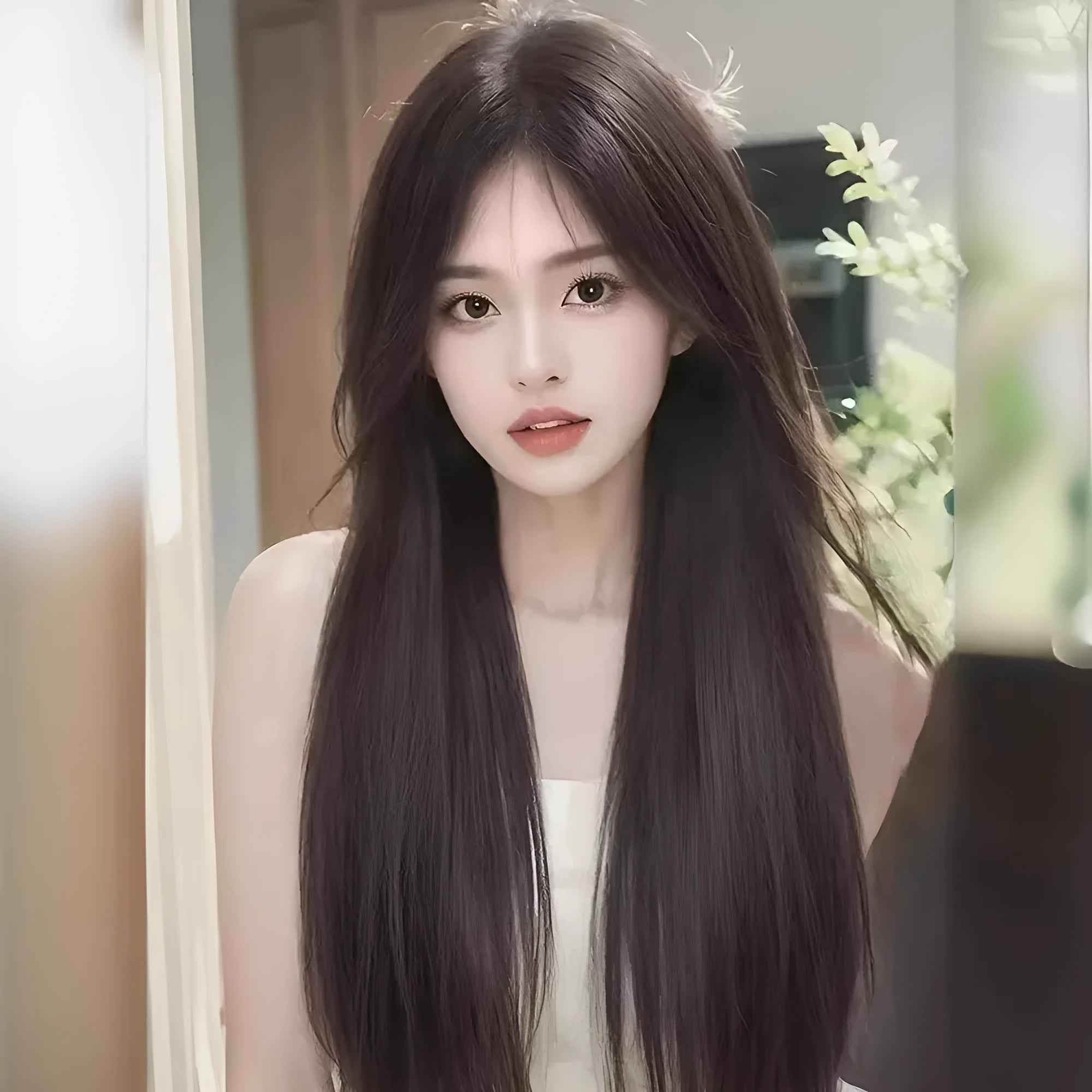 Forehead lace long straight synthetic wig with side bangs in dark brown colour