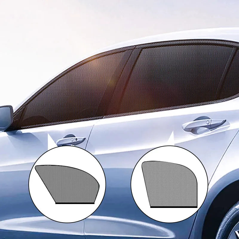 Set of four grey mesh car side window sunshades with elastic edges, shown fitted on a car.