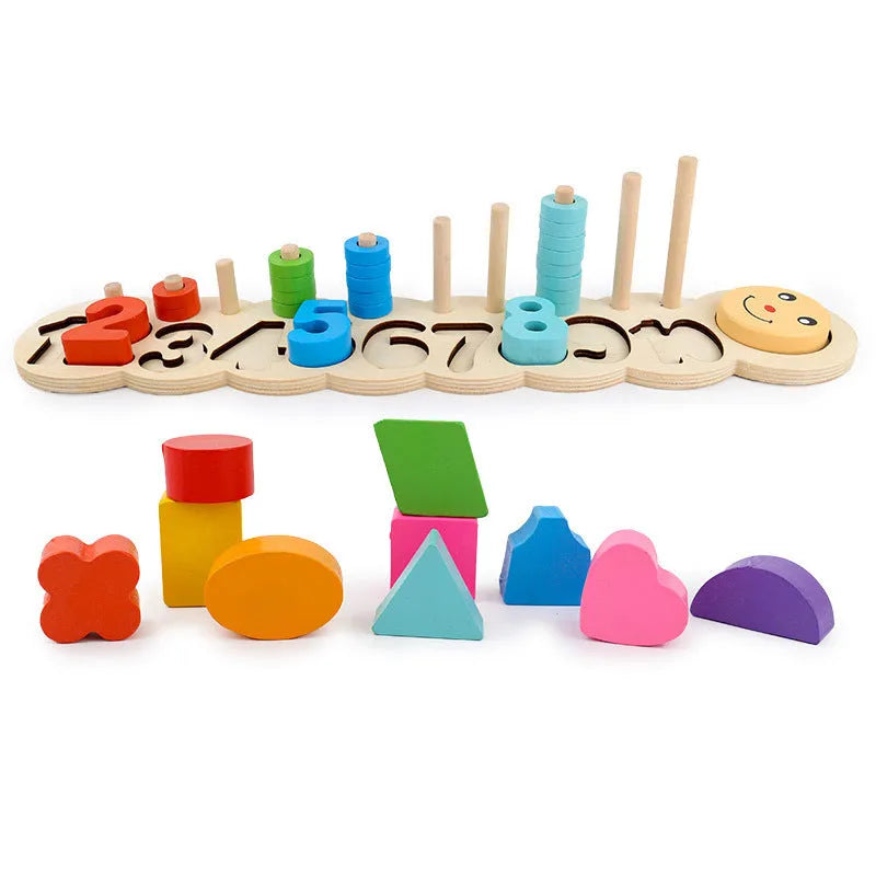 Early childhood education wooden logarithmic board with numbers, geometric figures, and colourful beads