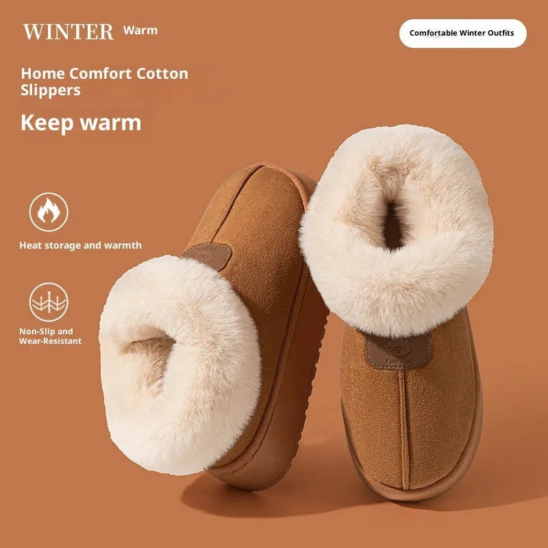Women's cotton slippers with suede upper and bear logo heel cover in solid colour, round toe, casual style