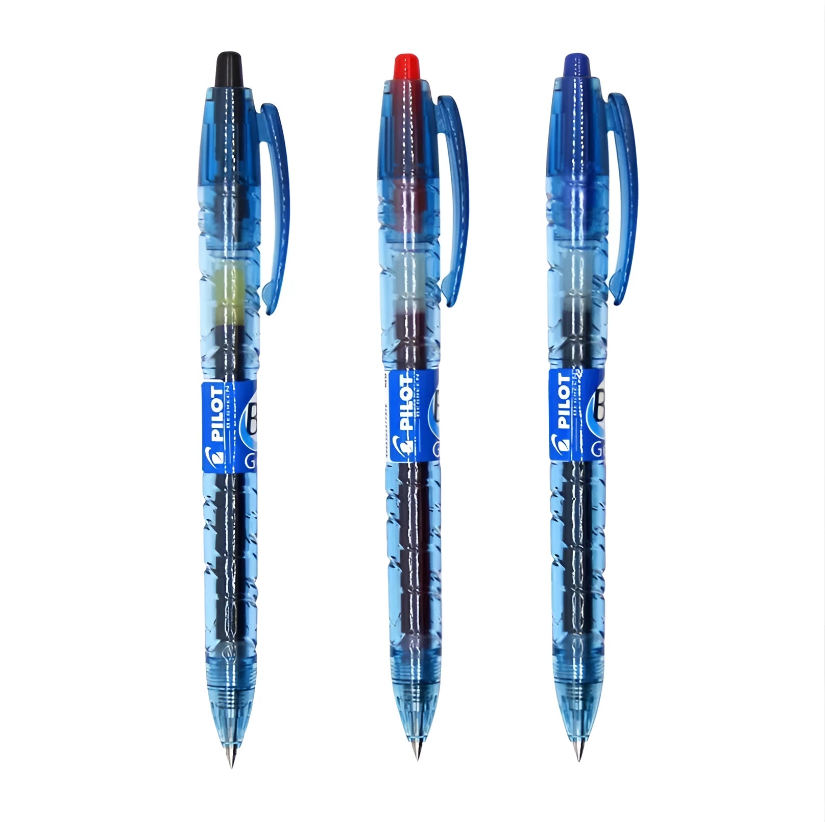 0.5mm press gel pen with transparent blue barrel showing refill colour