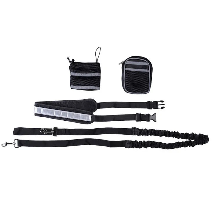 Adjustable hands-free dog leash set with 144cm nylon rope, 78-110cm waist belt, waist bag, and sundries bag