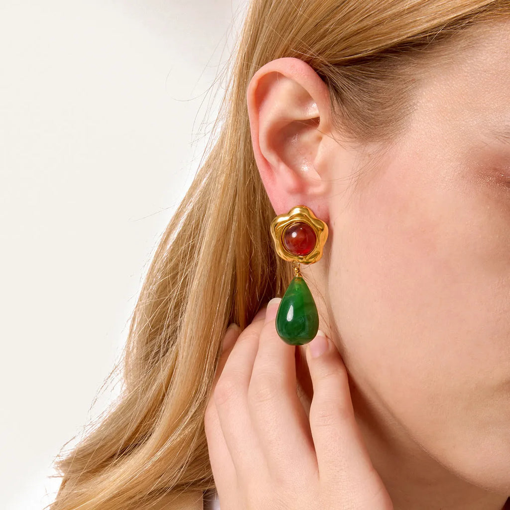 Geometric resin earrings for women with antique style and electroplated finish, available in eight colour options.