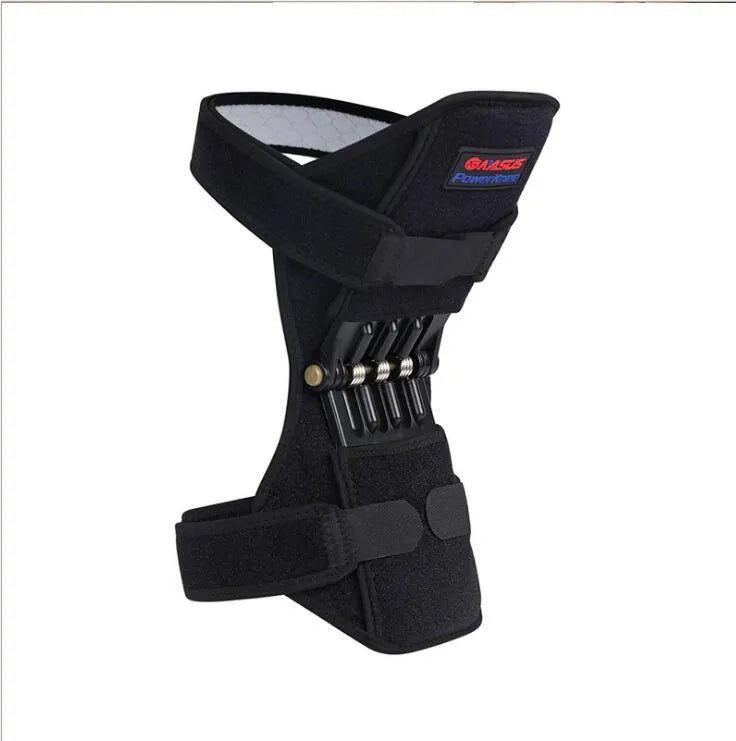 Black adjustable knee brace with patella support and visible booster spring mechanism for sports.
