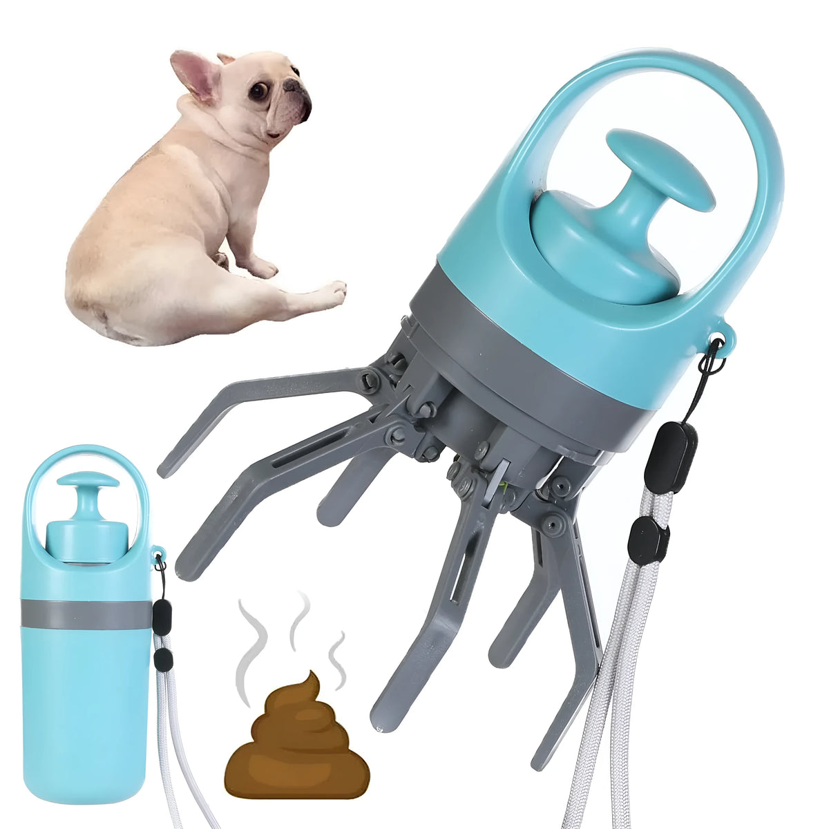 Blue portable dog pooper scooper with eight-claw shovel, built-in poop bag dispenser and lanyard