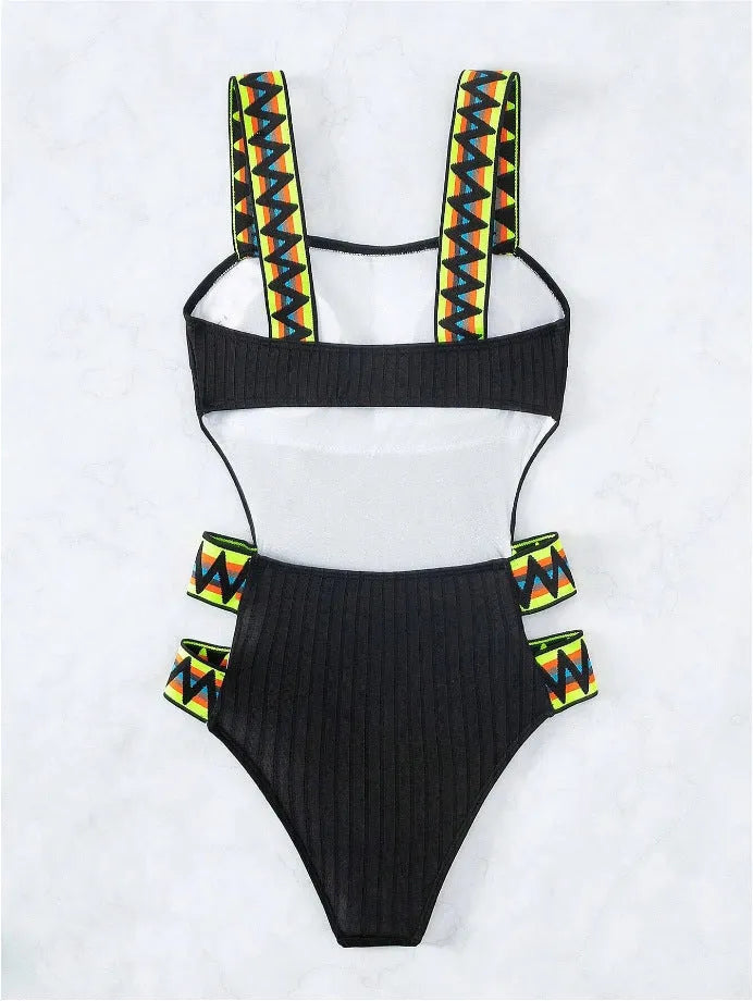 Black solid colour one-piece swimsuit for women on a mannequin, showing full torso coverage and classic swimsuit design.