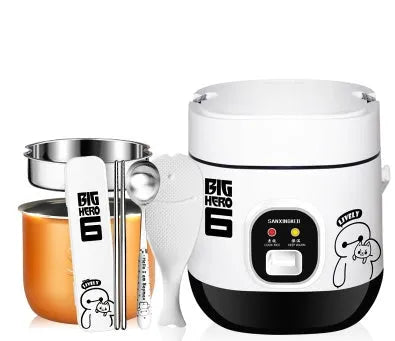 Compact round miniature rice cooker with steam pan and non-stick liner for one to two person cooking