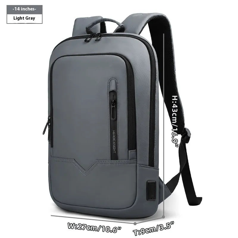 Men's lightweight polyester laptop backpack with USB port in black, shown in 14-inch size.