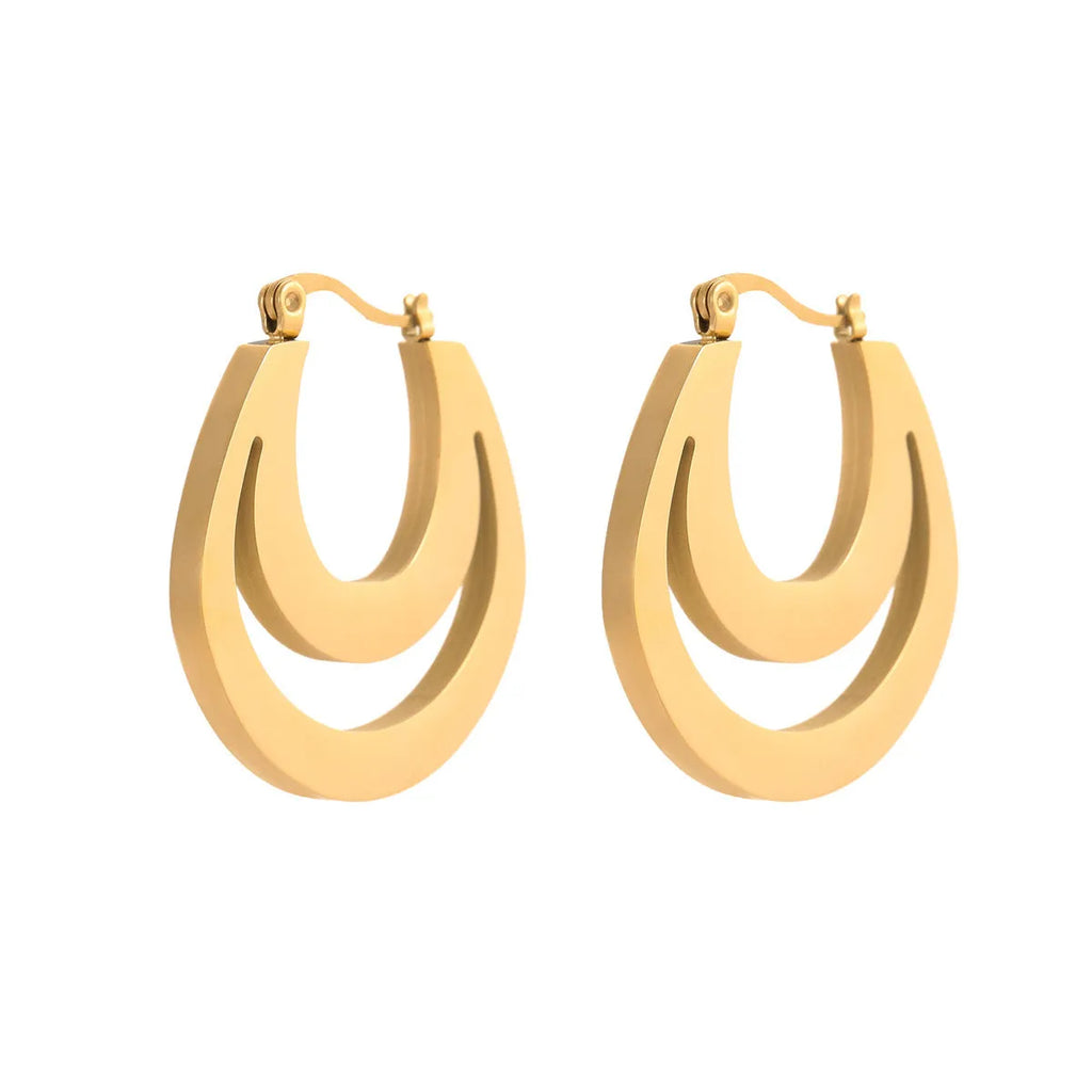 Geometric gold-plated French earrings with round ring elements, available in gold or steel colour