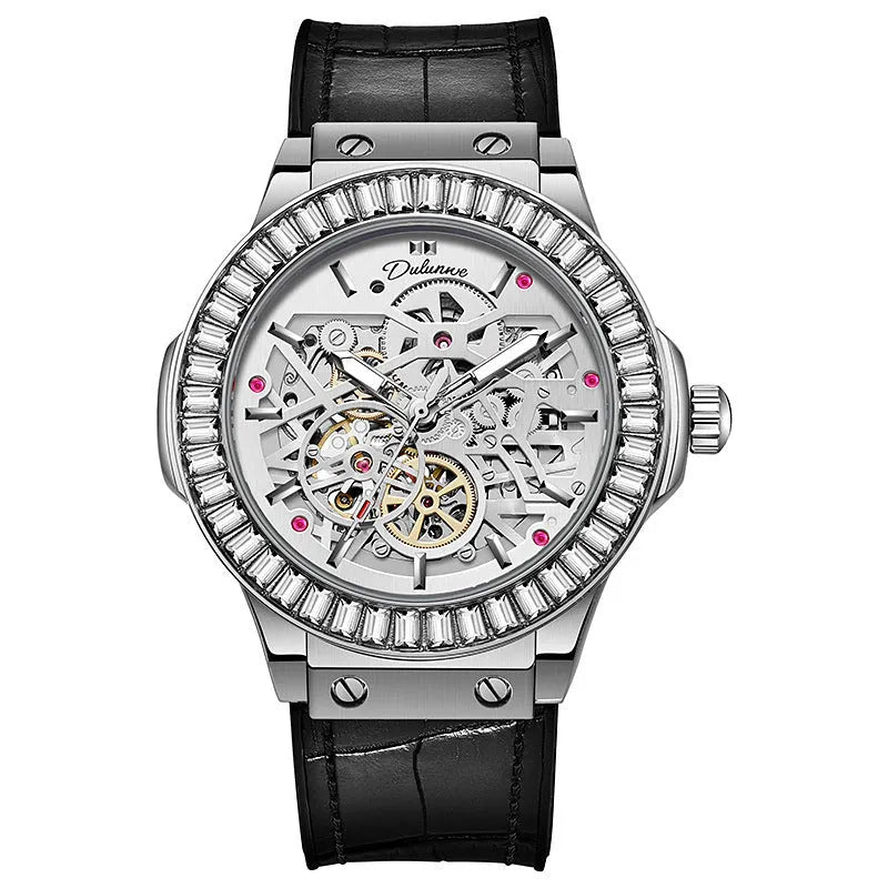 Automatic men's watch with diamond studded hollow dial in a white case.