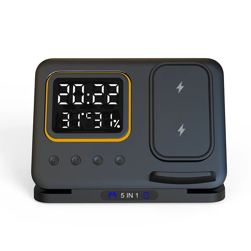Black wireless charging station with digital display showing time and temperature, charging phone and watch