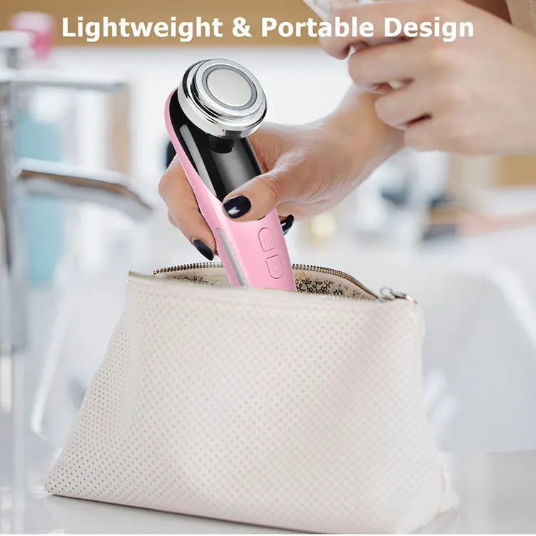 Pink cleansing and rejuvenating beauty instrument with red and blue light modes, ABS and plating construction