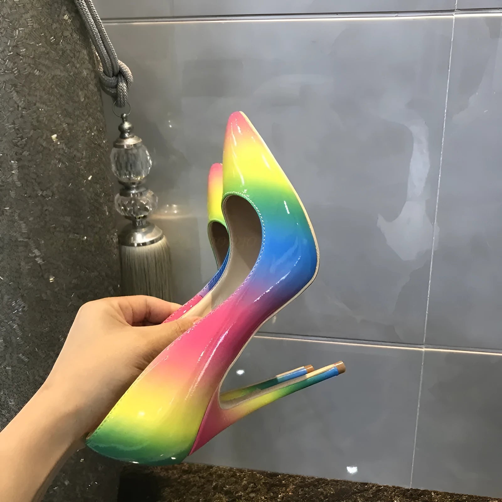 Rainbow patent leather women's high heels with pointed toe and ultra-high thin heel