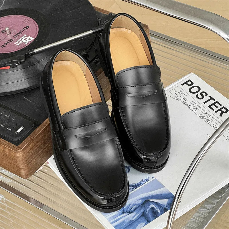 Men's black slip-on Derby leather shoes with a microfibre upper and rubber sole.
