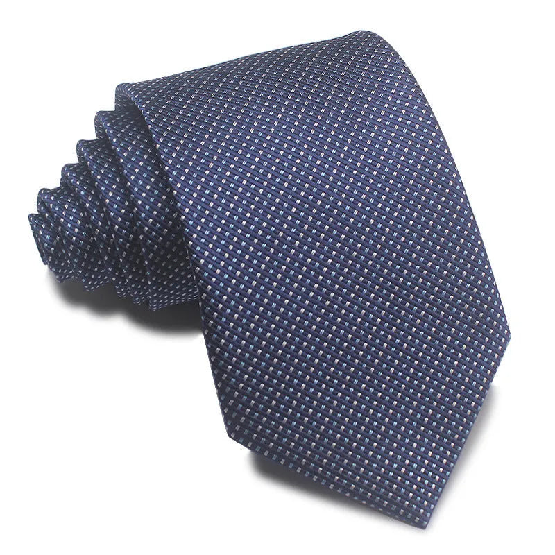 Men's striped jacquard business tie in red, showing arrow head shape and 8cm width.