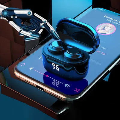 Black stereo Bluetooth in-ear headphones with silicone tips, showcasing wireless design for calls and music.