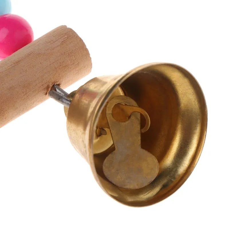 Qianyun small wooden bird swing with coloured beads and two bells, 10cm x 1.4cm x 15cm, hanging cage toy for parrots