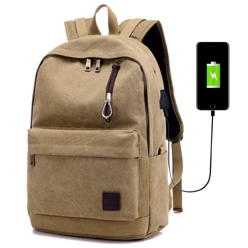 Canvas USB charging backpack with computer pocket showing coffee colour option