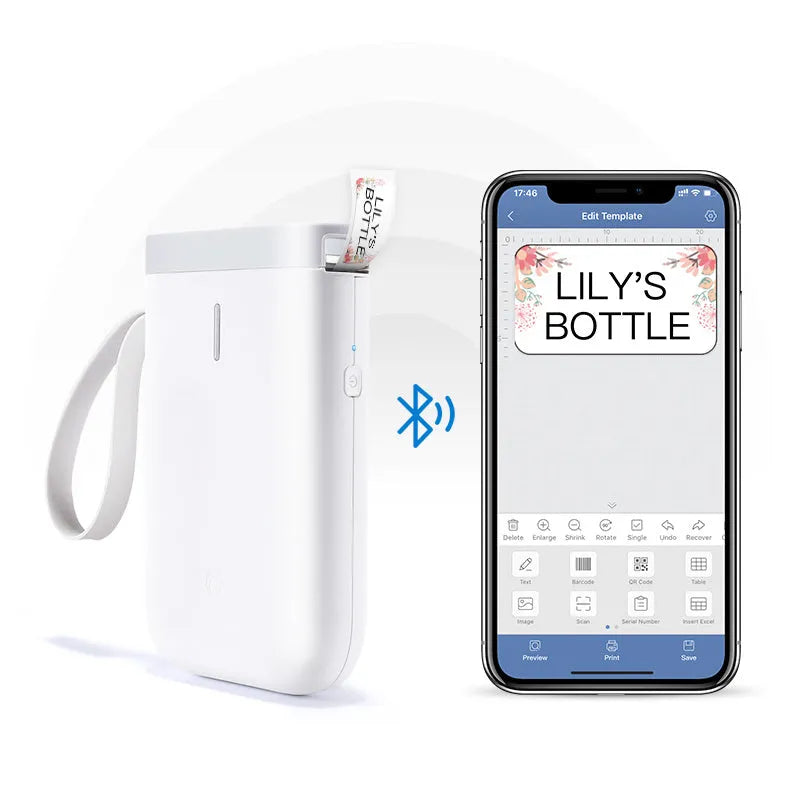 D11 Bluetooth thermal label printer in black, 203 dpi, compact 108x76x30mm design with rechargeable battery.