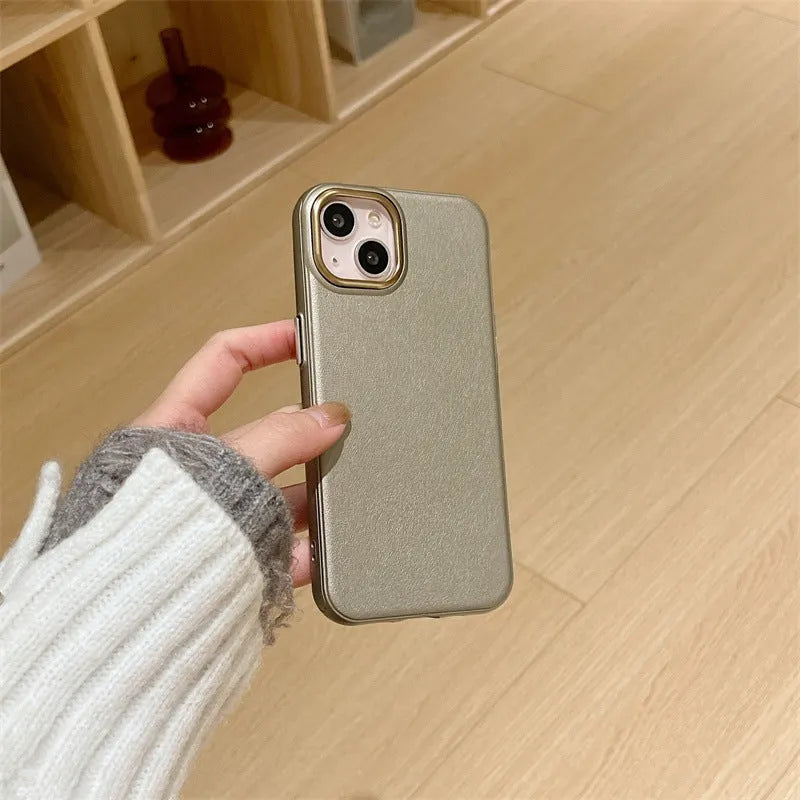 Imitation leather phone case for iPhone 15 Pro Max in solid black colour with embossed texture and protective edge