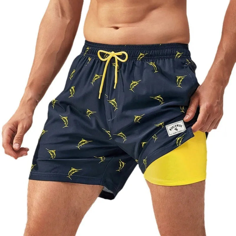 Men's loose boxer cut swimming trunks in quick-drying spandex fabric with micro-elastic properties