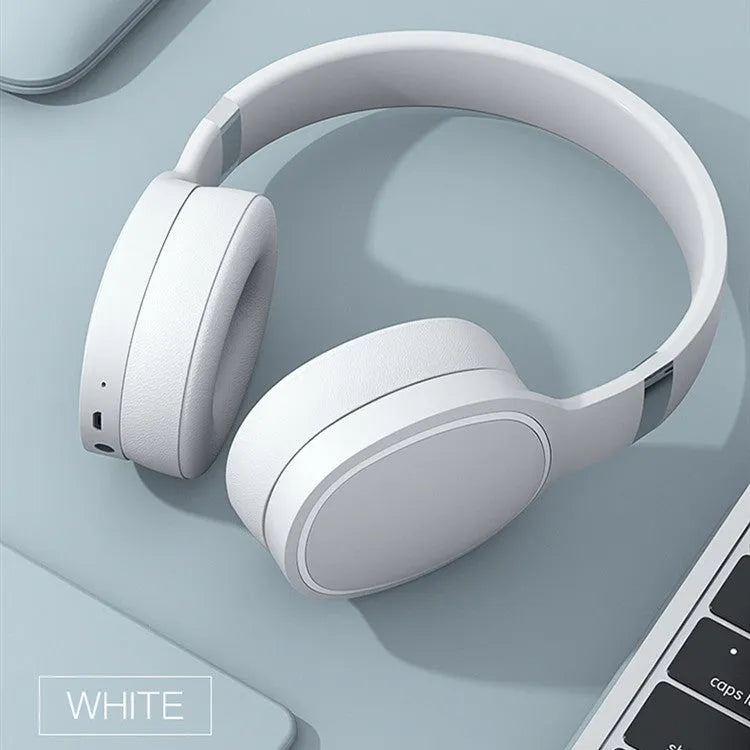 Wireless Bluetooth headset in black, blue, grey, or white with 40mm speakers and rechargeable battery