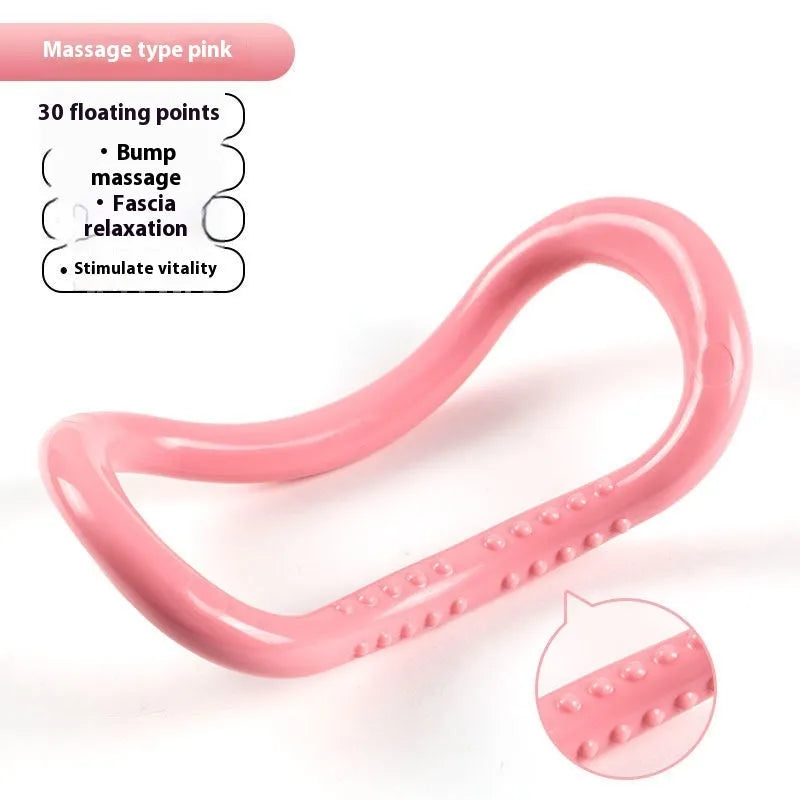 Yoga four-piece fitness set with leg stretcher, circular yoga ring, pedal device, and figure-eight tension rope on a light background.