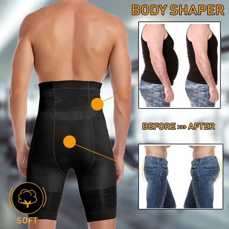 Men's high-waist cotton body shaper waist trainer in beige or black, sizes S to XXXL