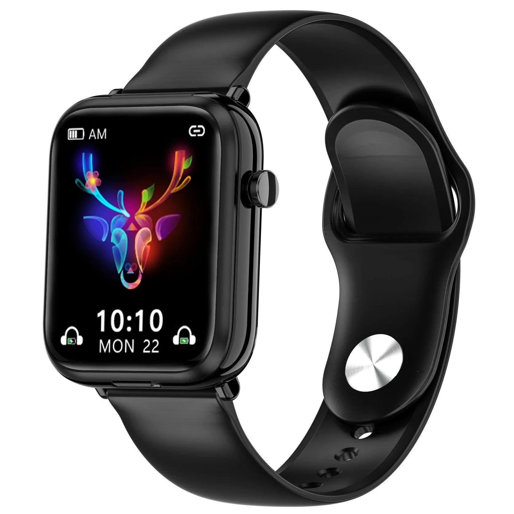 Black smartwatch with touchscreen on wrist next to its open magnetic charging case holding two wireless earbuds.