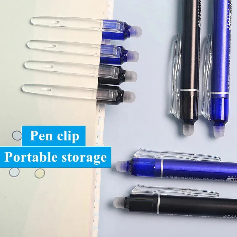 Blue and black erasable 0.5mm gel pen with plastic body and stainless steel nib for student writing