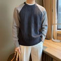 Men's thickened cable knit colour-blocked pullover sweater with long sleeves and round neck in apricot and blue